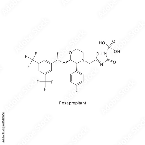 Fosaprepitant flat skeletal molecular structure Neurokinin receptor antagonist NKI1 drug used in Nausea, vomiting treatment. Vector illustration scientific diagram.