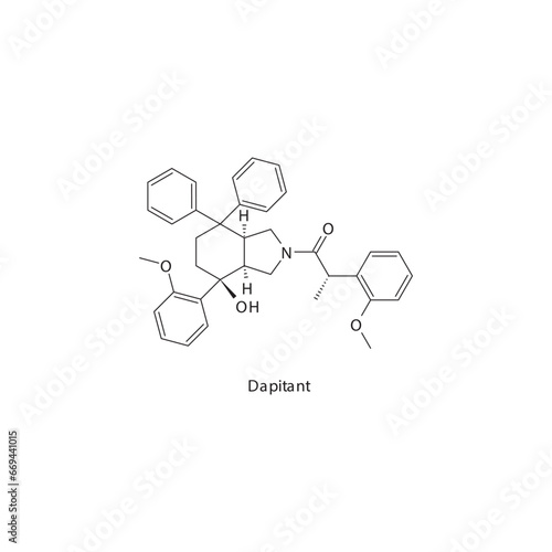 Dapitant flat skeletal molecular structure Neurokinin receptor antagonist NKI1 drug used in Nausea, vomiting treatment. Vector illustration scientific diagram.