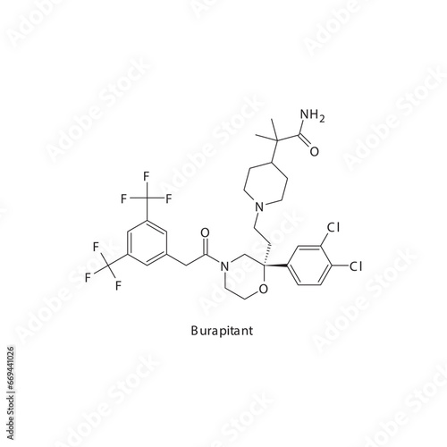 Burapitant  flat skeletal molecular structure Neurokinin receptor antagonist NKI1 drug used in Nausea, vomiting treatment. Vector illustration scientific diagram.