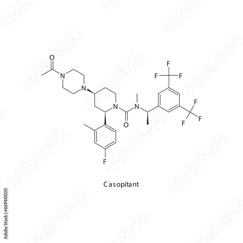 Casopitant  flat skeletal molecular structure Neurokinin receptor antagonist NKI1 drug used in Chemotherapy induced vomiting and nausea treatment. Vector illustration scientific diagram.