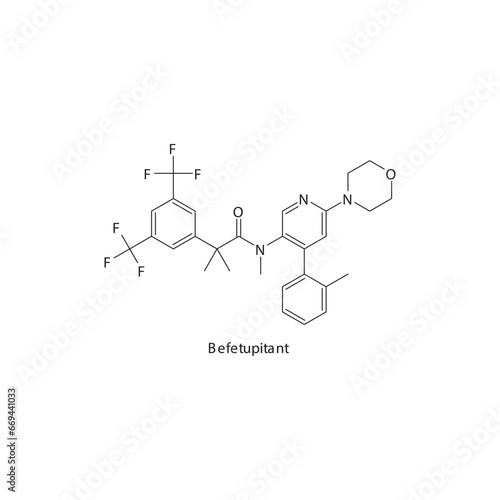 Befetupitant  flat skeletal molecular structure Neurokinin receptor antagonist NKI1 drug used in Nausea, vomiting treatment. Vector illustration scientific diagram.