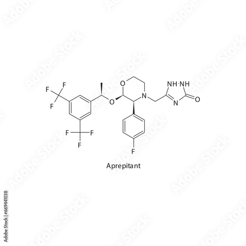 Aprepitant flat skeletal molecular structure Neurokinin receptor antagonist NKI1 drug used in Chemotherapy induced vomiting and nausea treatment. Vector illustration scientific diagram.