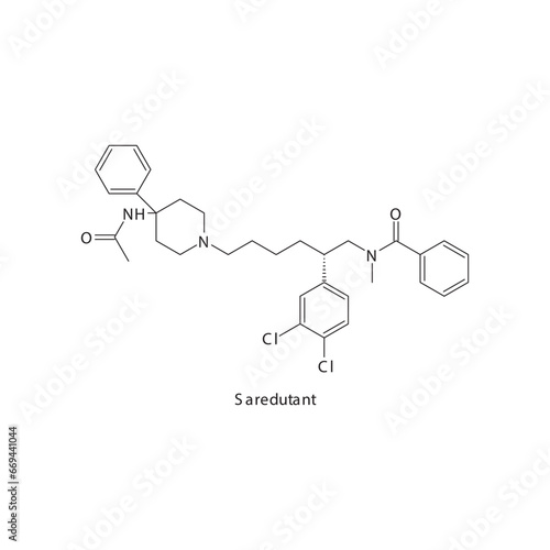 Saredutant  flat skeletal molecular structure Neurokinin receptor antagonist NKI2 drug used in Depression, anxiety treatment. Vector illustration scientific diagram.