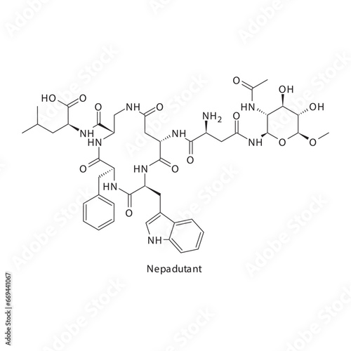 Nepadutant  flat skeletal molecular structure Neurokinin receptor antagonist NKI2 drug used in Gastrointestinal disorders, asthma treatment. Vector illustration scientific diagram.