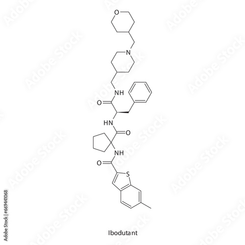 Ibodutant  flat skeletal molecular structure Neurokinin receptor antagonist NKI2 drug used in Irritable bowel syndrome, IBS treatment. Vector illustration scientific diagram.