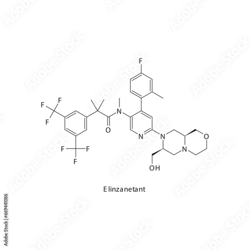 Elinzanetant  flat skeletal molecular structure Neurokinin receptor antagonist NKI3 drug used in Hot flashes, sex hormone disorders treatment. Vector illustration scientific diagram.