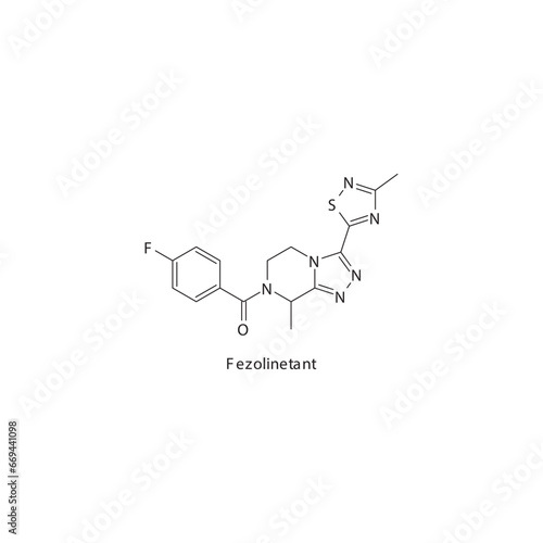 Fezolinetant flat skeletal molecular structure Neurokinin receptor antagonist NKI3 drug used in Hot flashes, menopause symptoms treatment. Vector illustration scientific diagram.