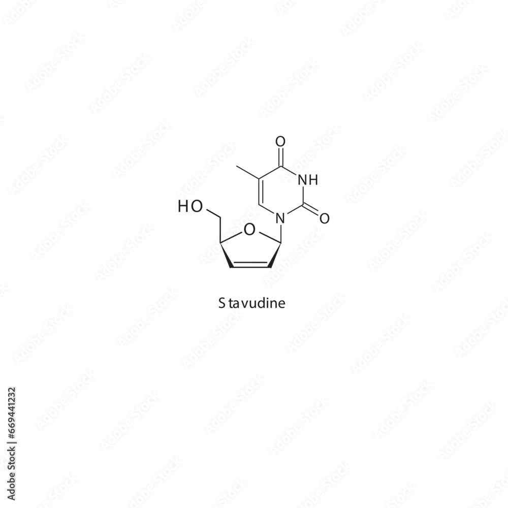 Stavudine flat skeletal molecular structure Reverse-transcriptase inhibitor drug used in HIV treatment. Vector illustration scientific diagram. Stavudine flat skeletal molecular structure Reverse-transcriptase inhibitor drug used in HIV treatment. Vector illustration scientific diagram.