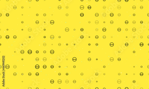 Seamless background pattern of evenly spaced black no overtaking signs of different sizes and opacity. Vector illustration on yellow background with stars
