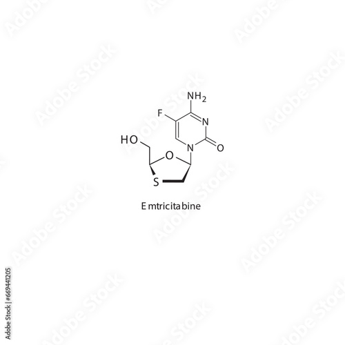 Emtricitabine  flat skeletal molecular structure Reverse-transcriptase inhibitor drug used in HIV treatment. Vector illustration scientific diagram.