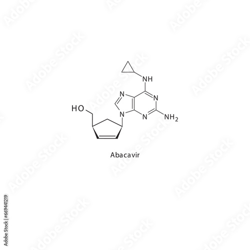 Abacavir flat skeletal molecular structure Reverse-transcriptase inhibitor drug used in HIV treatment. Vector illustration scientific diagram.