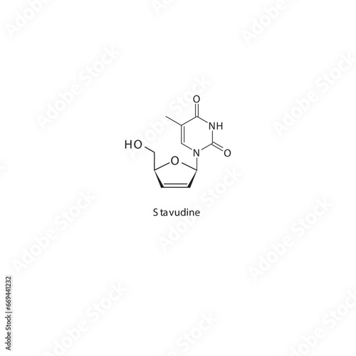 Stavudine  flat skeletal molecular structure Reverse-transcriptase inhibitor drug used in HIV treatment. Vector illustration scientific diagram.