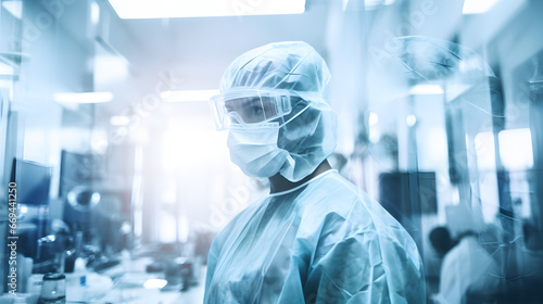 Double Exposure photography of closeup doctor and hospital operating room. Doctor in surgical gown concept.