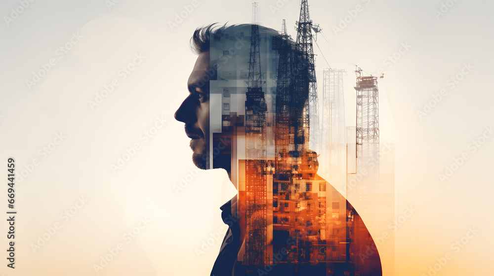 Double Exposure photography of closeup an engineer and sightly skyscraper. Young engineer . Double Exposure photography of closeup an engineer and sightly skyscraper. Young engineer .