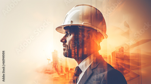 Double Exposure photography of closeup an engineer and sightly skyscraper. Young engineer wears a helmet to protect his head. photo