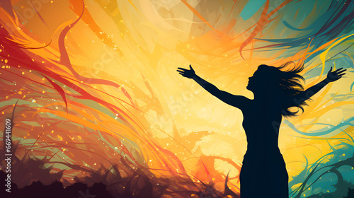 A vibrant illustration capturing the triumphant silhouette of a woman  celebrating her victory over depression amid swirling colors of hope and freedom.