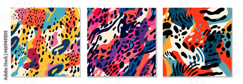 Set of abstract artistic seamless pattern with trendy hand drawn textures, spots, brush strokes. Colorful animalistic texture for for wrapping paper, fabric print, wallpaper. Contemporary art.