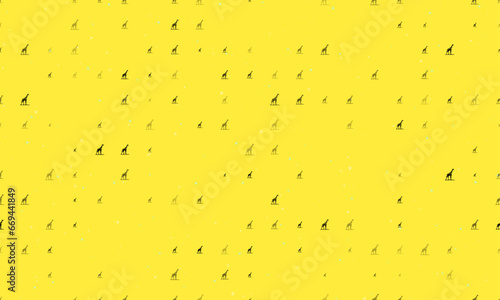 Seamless background pattern of evenly spaced black wild giraffe symbols of different sizes and opacity. Vector illustration on yellow background with stars