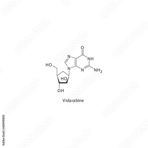 Vidarabine  flat skeletal molecular structure Purine analogue antiviral drug used in Herpes zoster, herpes simplex treatment. Vector illustration scientific diagram.