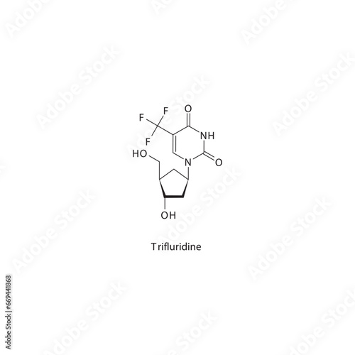 Trifluridine  flat skeletal molecular structure Pyrimidine analogue antiviral drug used in Herpes simplex, Keratitis treatment. Vector illustration scientific diagram.