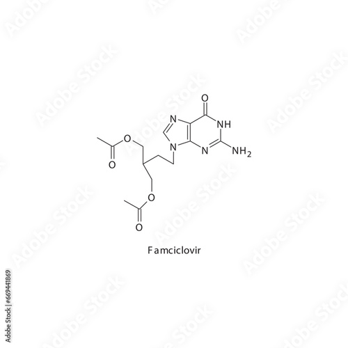 Famciclovir flat skeletal molecular structure Purine analogue antiviral drug used in Herpes zoster, herpes simplex treatment. Vector illustration scientific diagram.