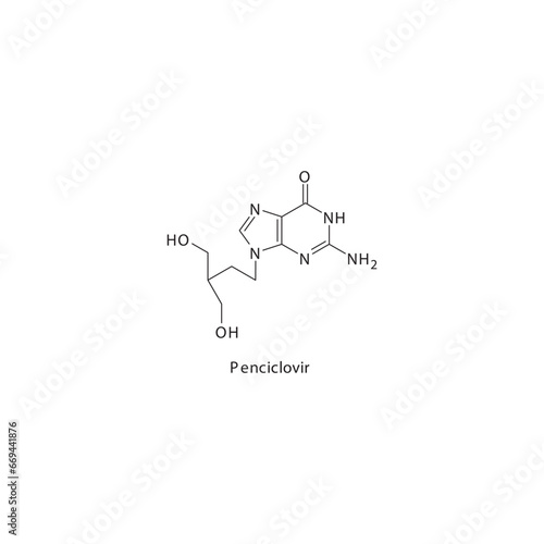 Penciclovir  flat skeletal molecular structure Purine analogue antiviral drug used in Herpes simplex virus treatment. Vector illustration scientific diagram.