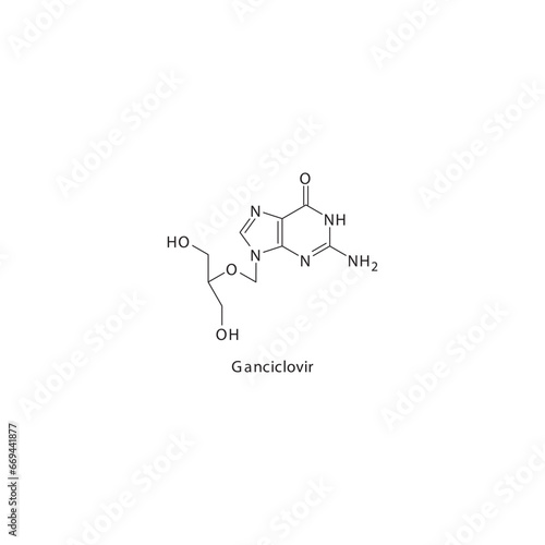 Ganciclovir flat skeletal molecular structure Purine analogue antiviral drug used in Cytomegalovirus, CMV treatment. Vector illustration scientific diagram.