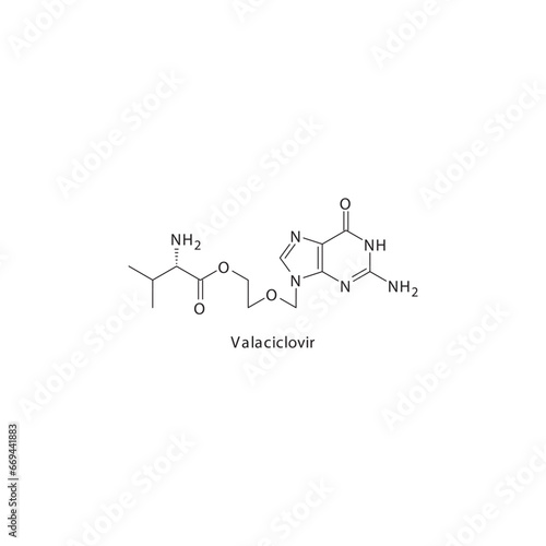 Valaciclovir (Valacyclovir) flat skeletal molecular structure Purine analogue antiviral drug used in Herpes zoster, herpes simplex treatment. Vector illustration scientific diagram.