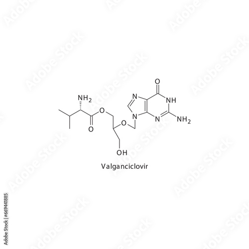 Valganciclovir flat skeletal molecular structure Purine analogue antiviral drug used in Cytomegalovirus, CMV treatment. Vector illustration scientific diagram.