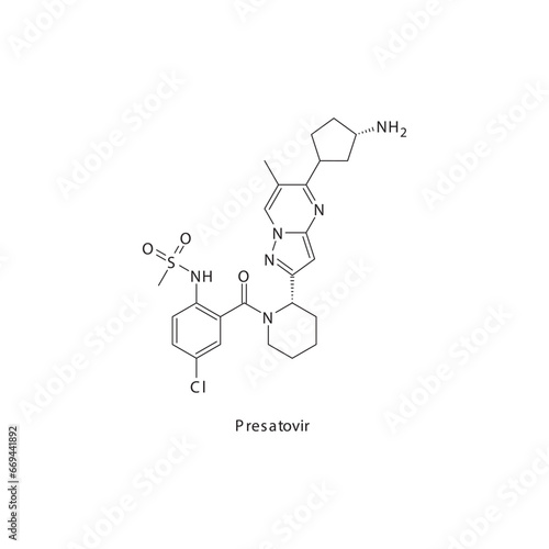 Presatovir flat skeletal molecular structure Antiviral drug used in Influenza treatment. Vector illustration scientific diagram.