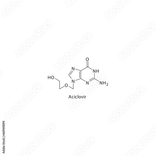 Aciclovir (Acyclovir) flat skeletal molecular structure Purine analogue antiviral drug used in Herpes simplex virus, chickenpox treatment. Vector illustration scientific diagram.