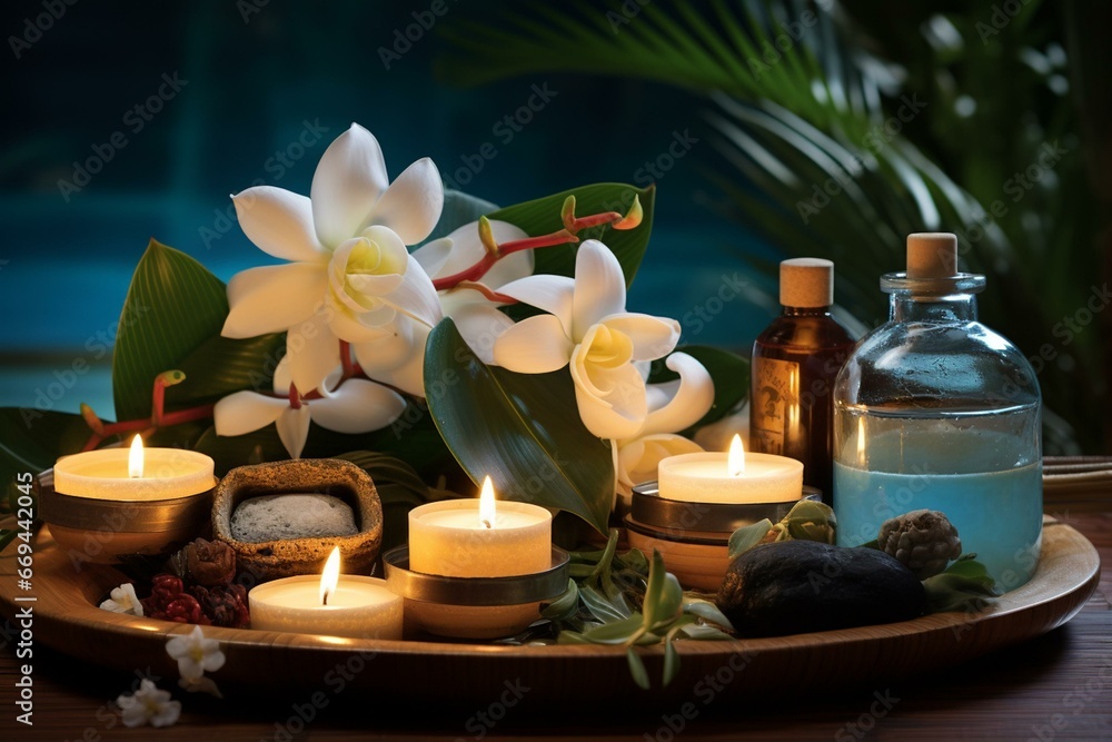 Soothing spa arrangement featuring candles, frangipani, oil flasks, and decor. Generative AI