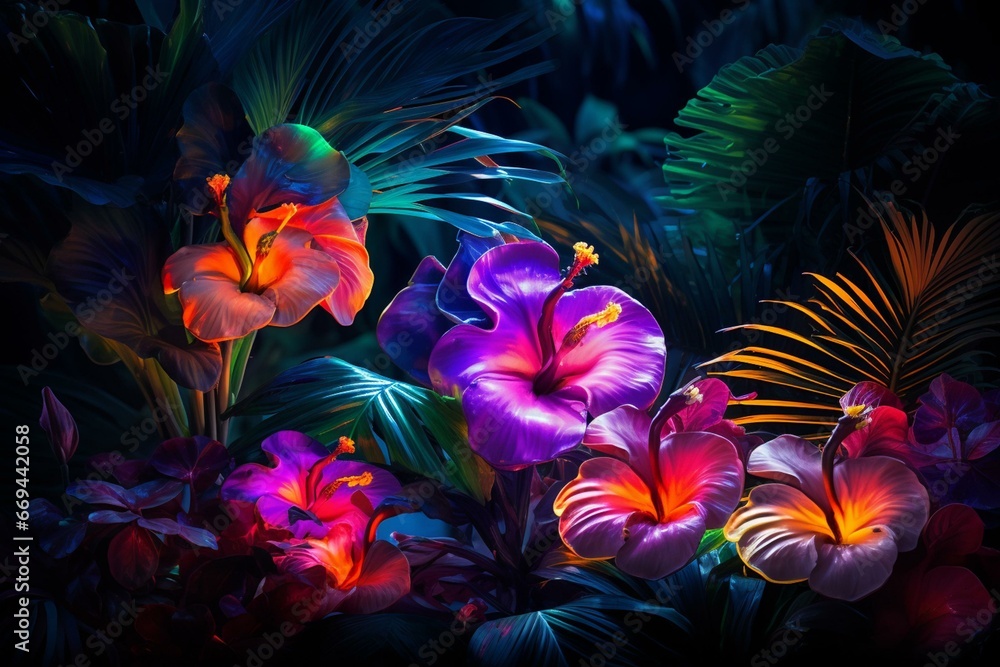 Tropical flora in neon-lit environment. Generative AI