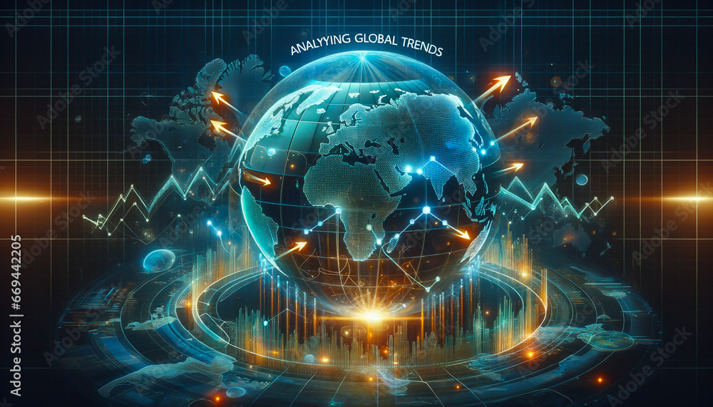 Analyzing Global Trends: Holographic World Map of Economic Ripple Effects - obrazy, fototapety, plakaty 