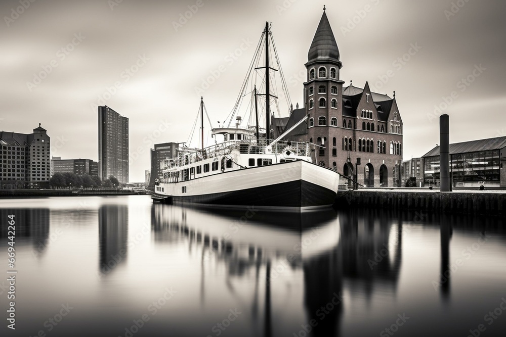 Cityscape featuring Hamburg's iconic Elbphilharmonie, modern architecture, boats, and harbor tour. Generative AI