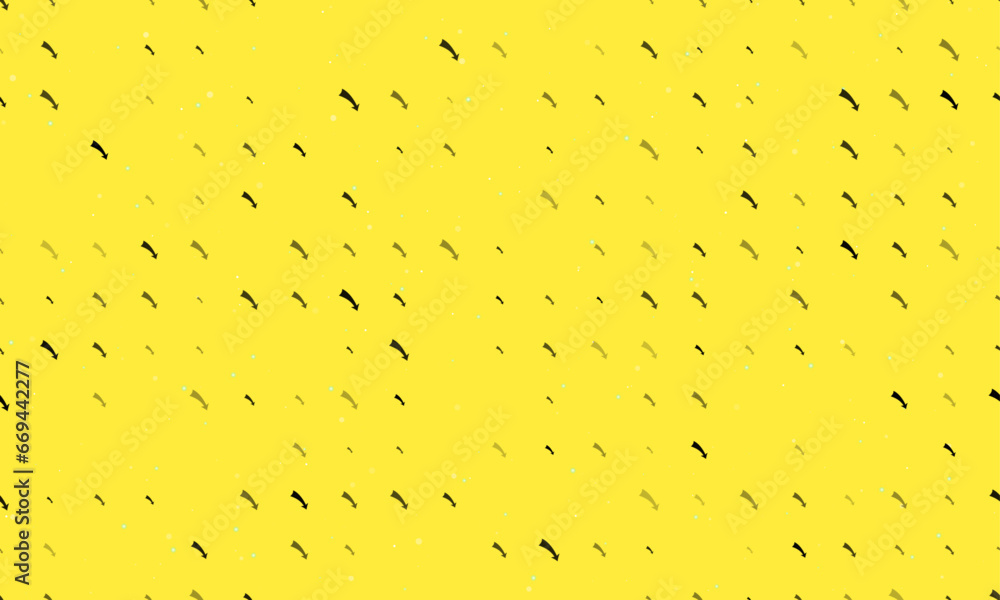 Seamless background pattern of evenly spaced black down arrows of different sizes and opacity. Vector illustration on yellow background with stars Seamless background pattern of evenly spaced black down arrows of different sizes and opacity. Vector illustration on yellow background with stars