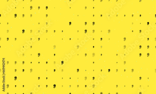 Seamless background pattern of evenly spaced black rose flowers of different sizes and opacity. Vector illustration on yellow background with stars