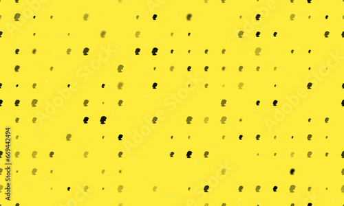 Seamless background pattern of evenly spaced black woman face profile symbols of different sizes and opacity. Vector illustration on yellow background with stars