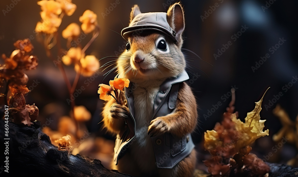 A cartoon squirrel in a hat sits on a branch.