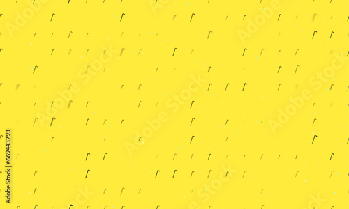 Seamless background pattern of evenly spaced black crowbar symbols of different sizes and opacity. Vector illustration on yellow background with stars