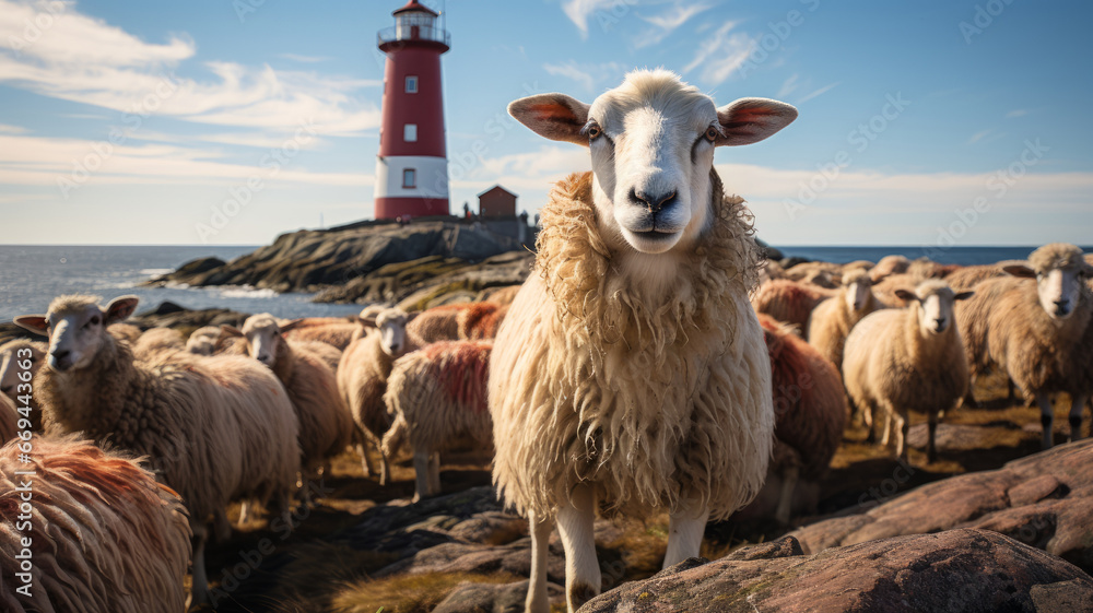 Curious sheep looking at the camera near the lighthouse on the beach, with sky and sea. - obrazy, fototapety, plakaty 