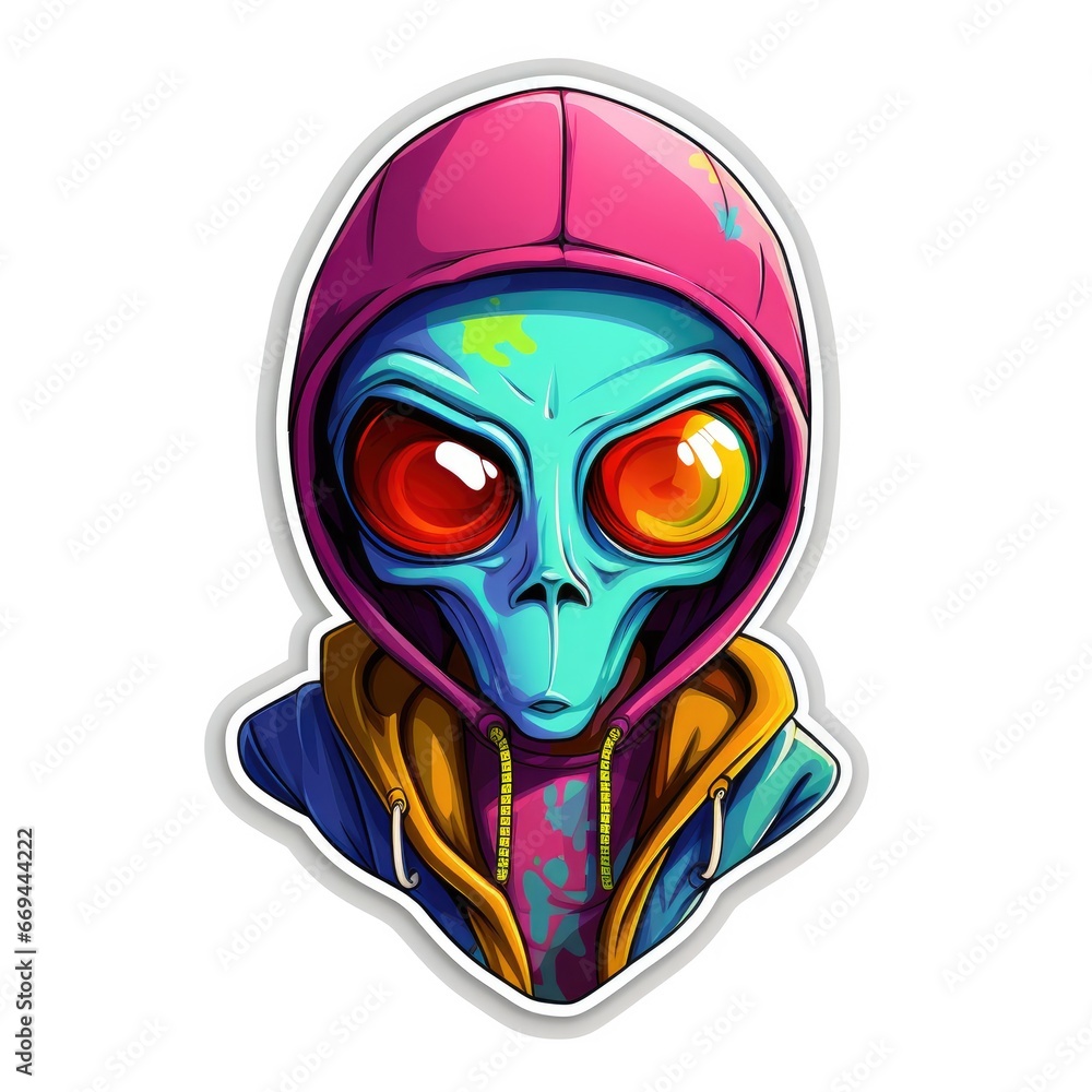 Colourful Sticker design of a martian alien with hoodie, Generative AI
