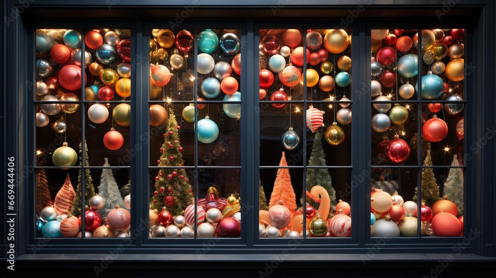 colorful holiday decorations adorn studio window, creating festive atmosphere