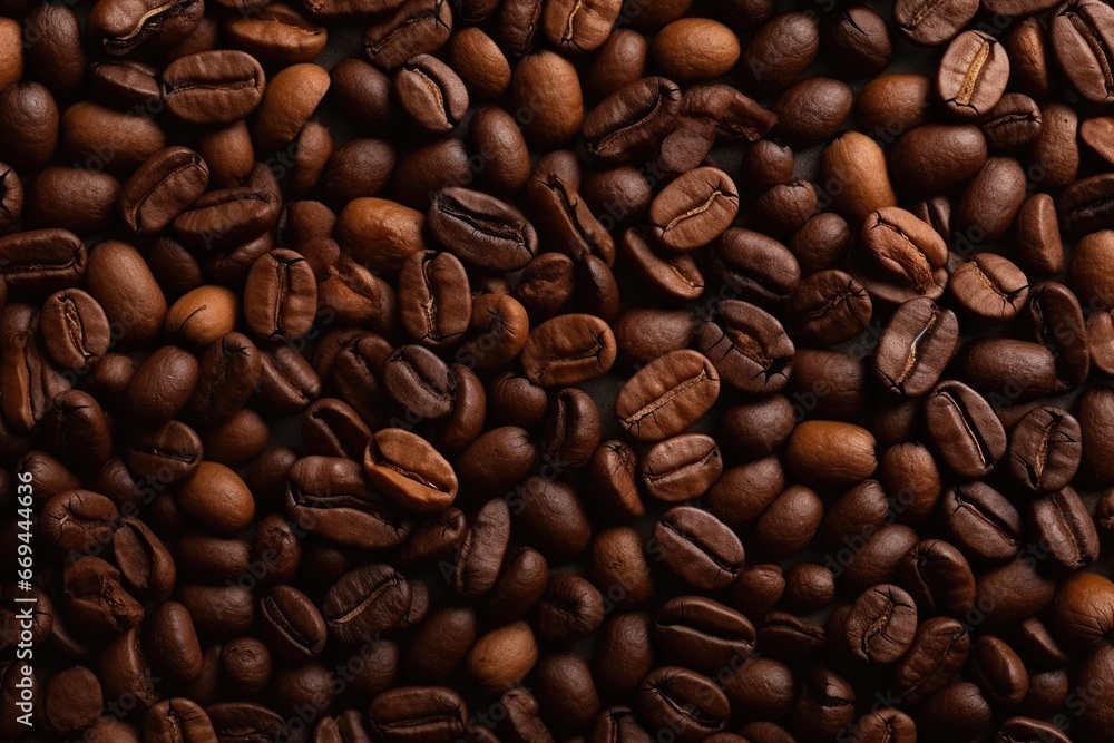 Obraz premium Coffee beans background. Bio Fruit and vegetables market displays. Top view, Generative AI