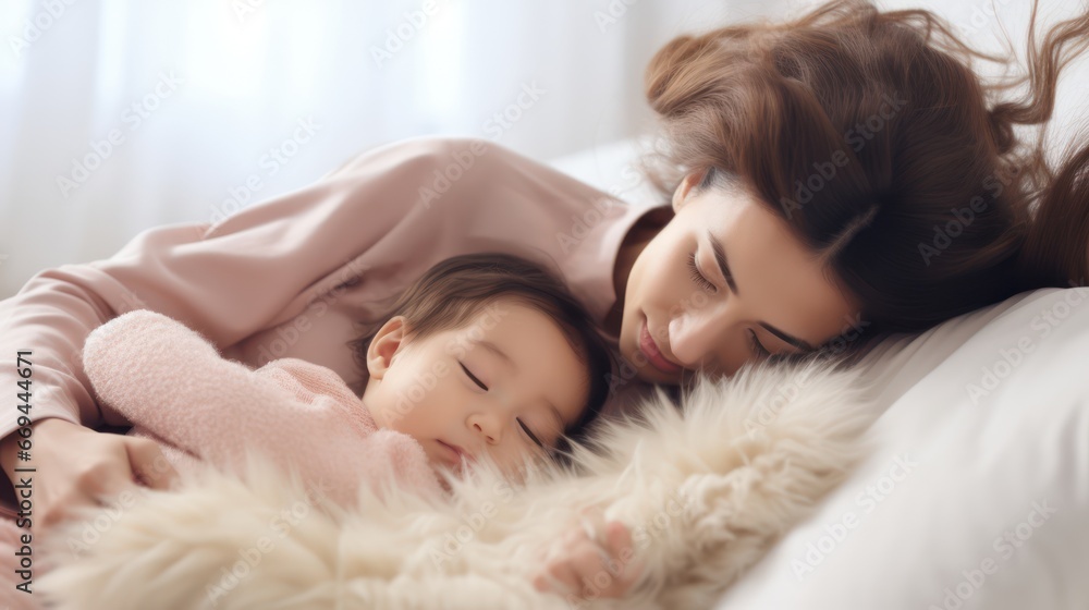 Beautiful young mother and her little daughter sleeping together on the bed at home Generative AI Beautiful young mother and her little daughter sleeping together on the bed at home Generative AI