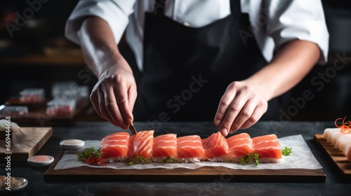 Close-up of a female chef in a white apron decorating sushi with fresh salmon. Generative AI