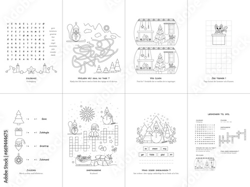 Set of seven games. Christmas Theme. Game and coloring page for kids. Danish language. Vector illustration. Set No. 1.