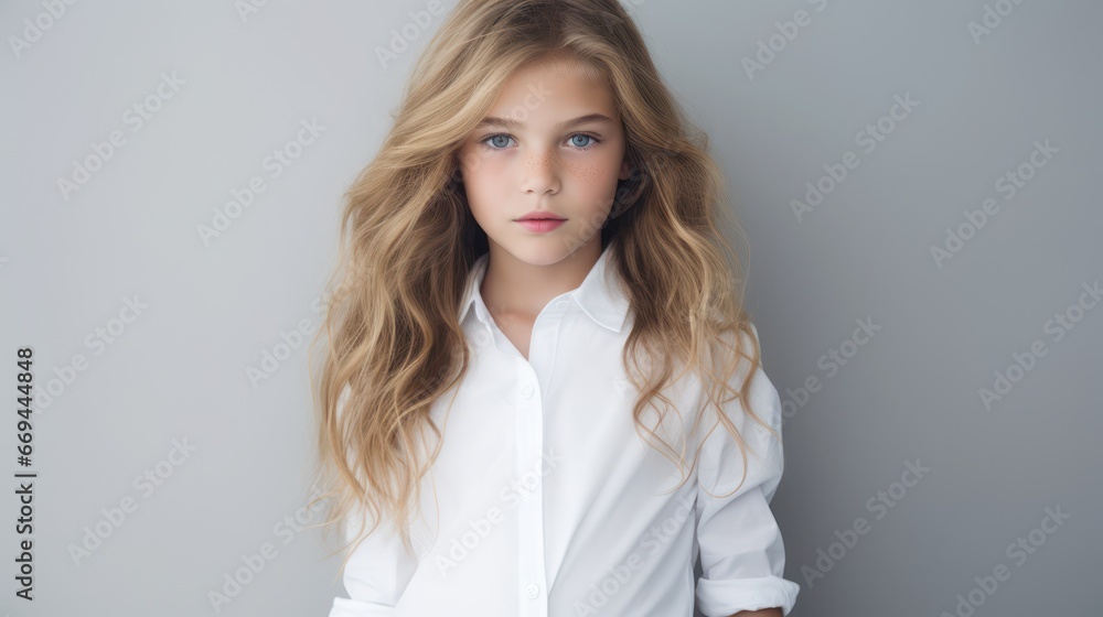 Portrait of a beautiful blonde girl in a white shirt on a gray background Generative AI Portrait of a beautiful blonde girl in a white shirt on a gray background Generative AI