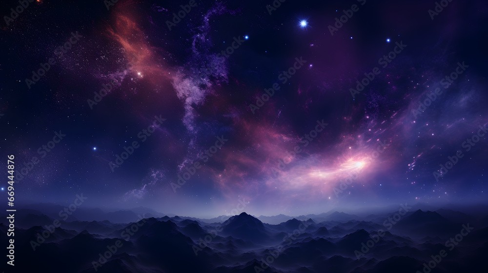 A breathtaking alien landscape featuring majestic mountains with two mesmerizing starlit cosmic backdrop.