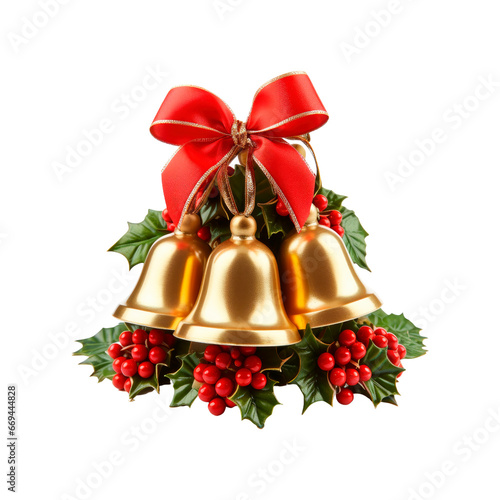 Christmas bells with red ribbon.Isolated on transparent background. 